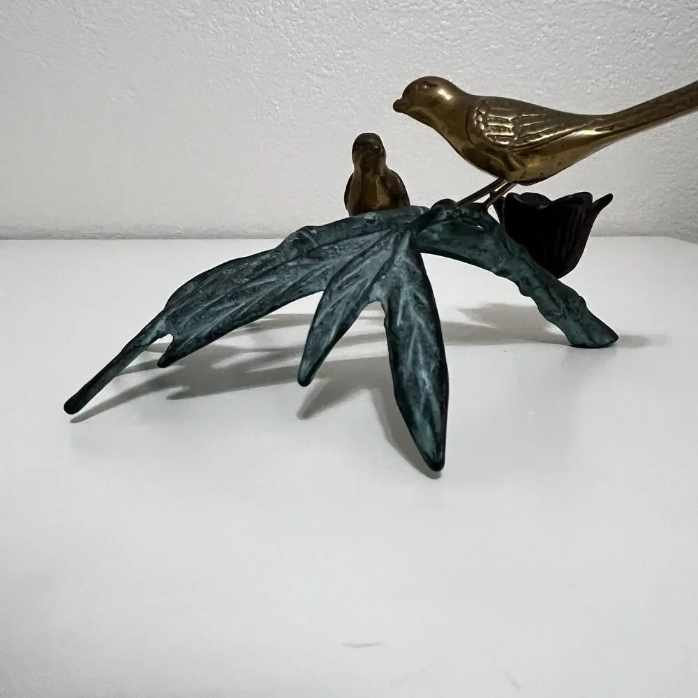 Andrea by Sadek Brass Birds on Bamboo Candle Holder Figurine